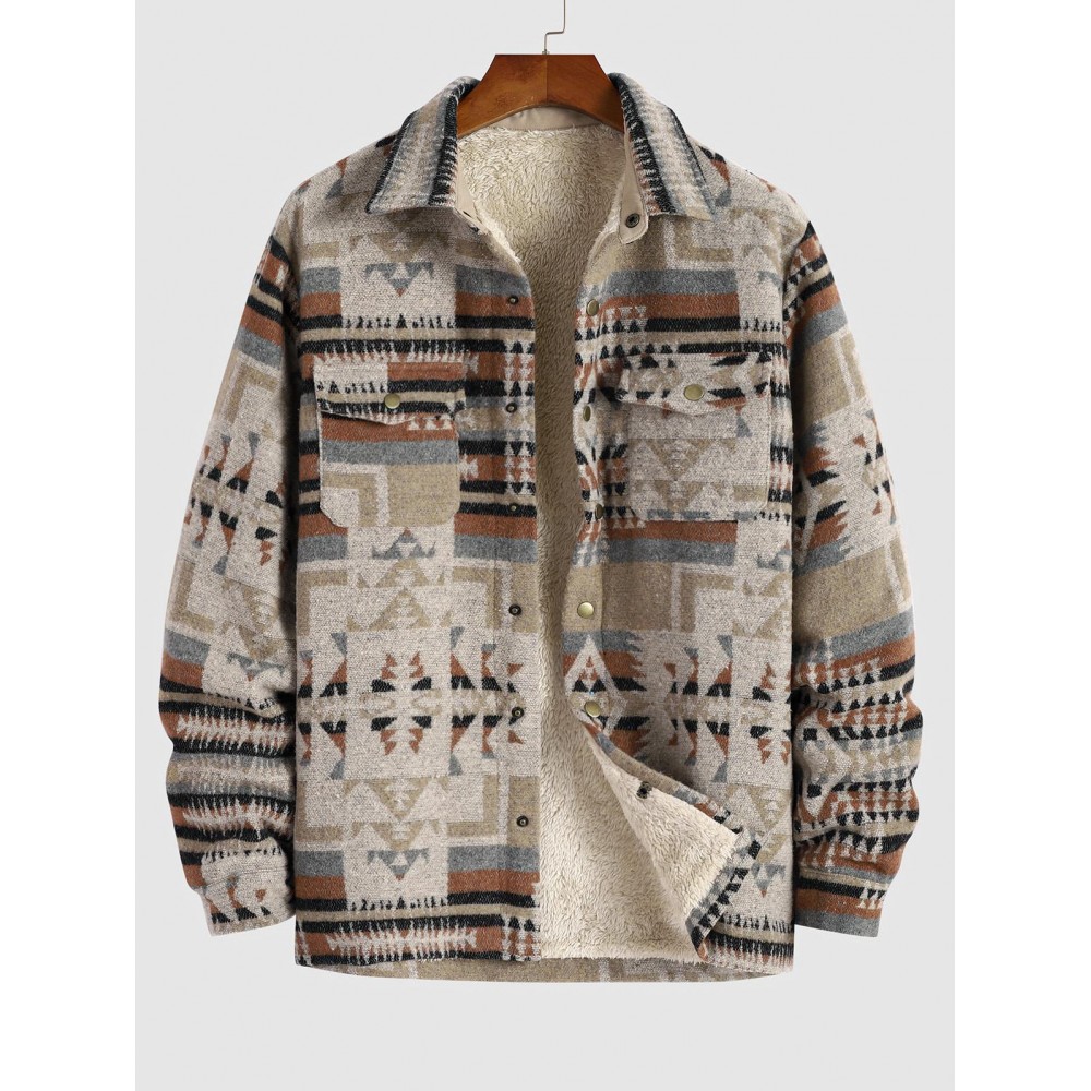 Men's Ethnic Woolen Geometric Aztec Print Shacket Pocket Fleece Lined Fluffy Jacket Men's Ethnic Woolen Geometric Aztec Print Shacket Pocket Fleece Lined Fluffy Jacket