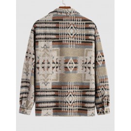 Men's Ethnic Woolen Geometric Aztec Print Shacket Pocket Fleece Lined Fluffy Jacket Men's Ethnic Woolen Geometric Aztec Print Shacket Pocket Fleece Lined Fluffy Jacket