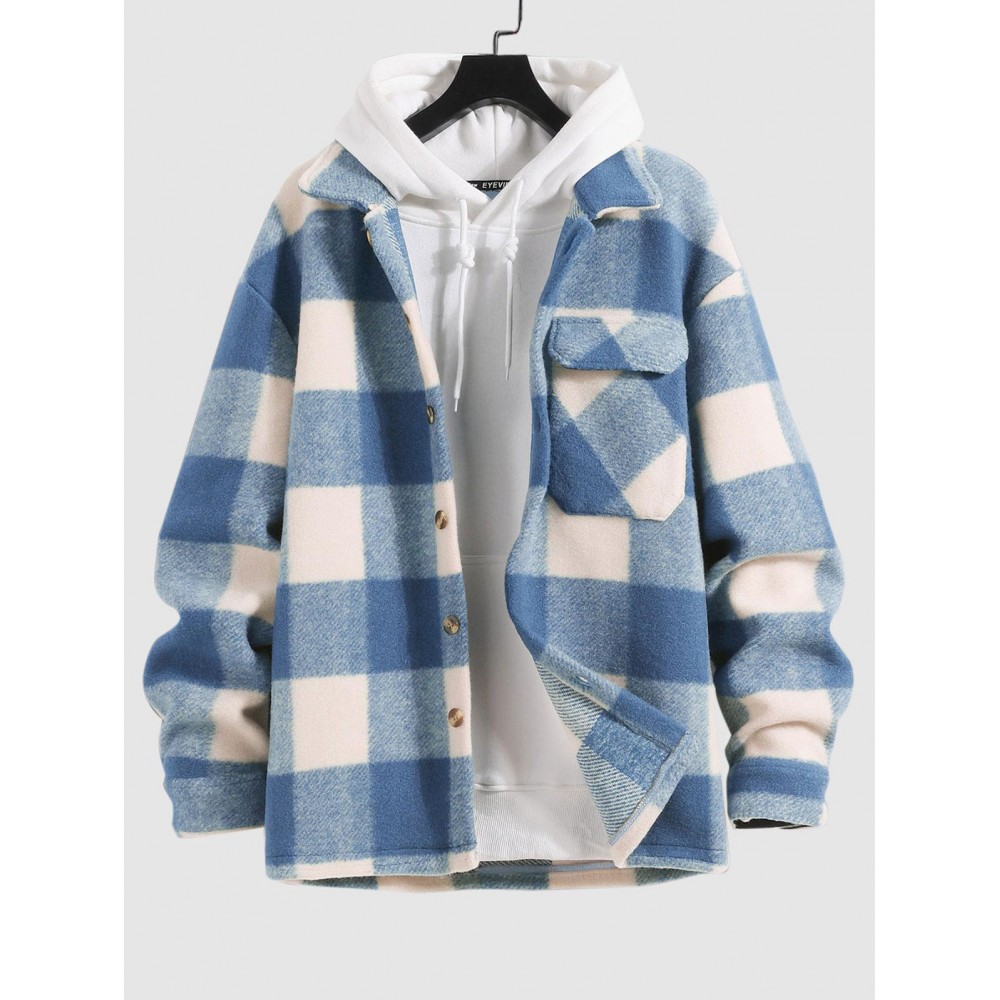 UNISEX Checked Plaid Colorblock Pocket Design Woolen Turn Down Collar Coat UNISEX Checked Plaid Colorblock Pocket Design Woolen Turn Down Collar Coat