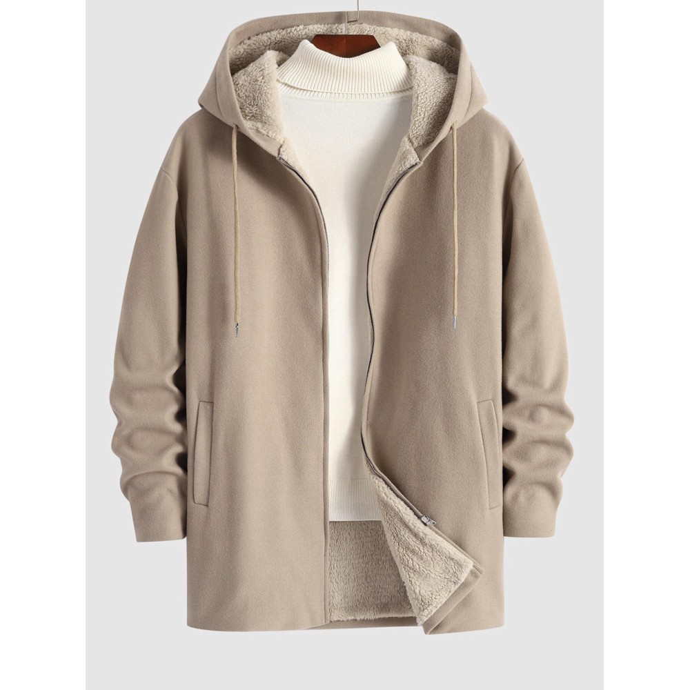 Men's Casual Minimalist Solid Color Zip Fly Hooded Fleece-lined Woolen Long Coat Men's Casual Minimalist Solid Color Zip Fly Hooded Fleece-lined Woolen Long Coat