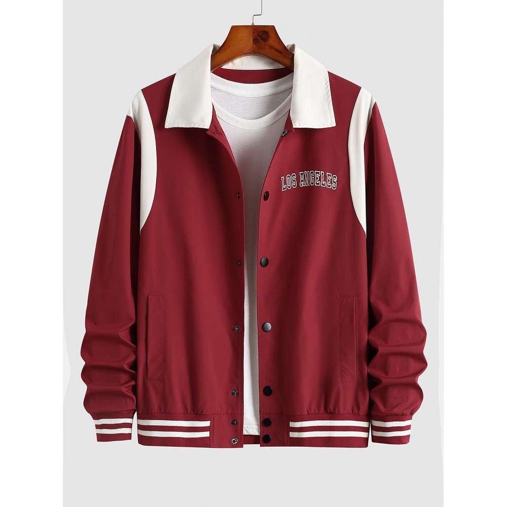 Men's Daily Snap Button Letter LOS ANGELES Printed Colorblock Stripes Panel Baseball Varsity Jacket Men's Daily Snap Button Letter LOS ANGELES Printed Colorblock Stripes Panel Baseball Varsity Jacket