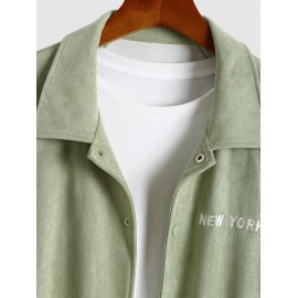 Men's Daily Snap Button Raglan Sleeve Pockets Letter NEW YORK Embroidered Faux Suede Jacket Men's Daily Snap Button Raglan Sleeve Pockets Letter NEW YORK Embroidered Faux Suede Jacket