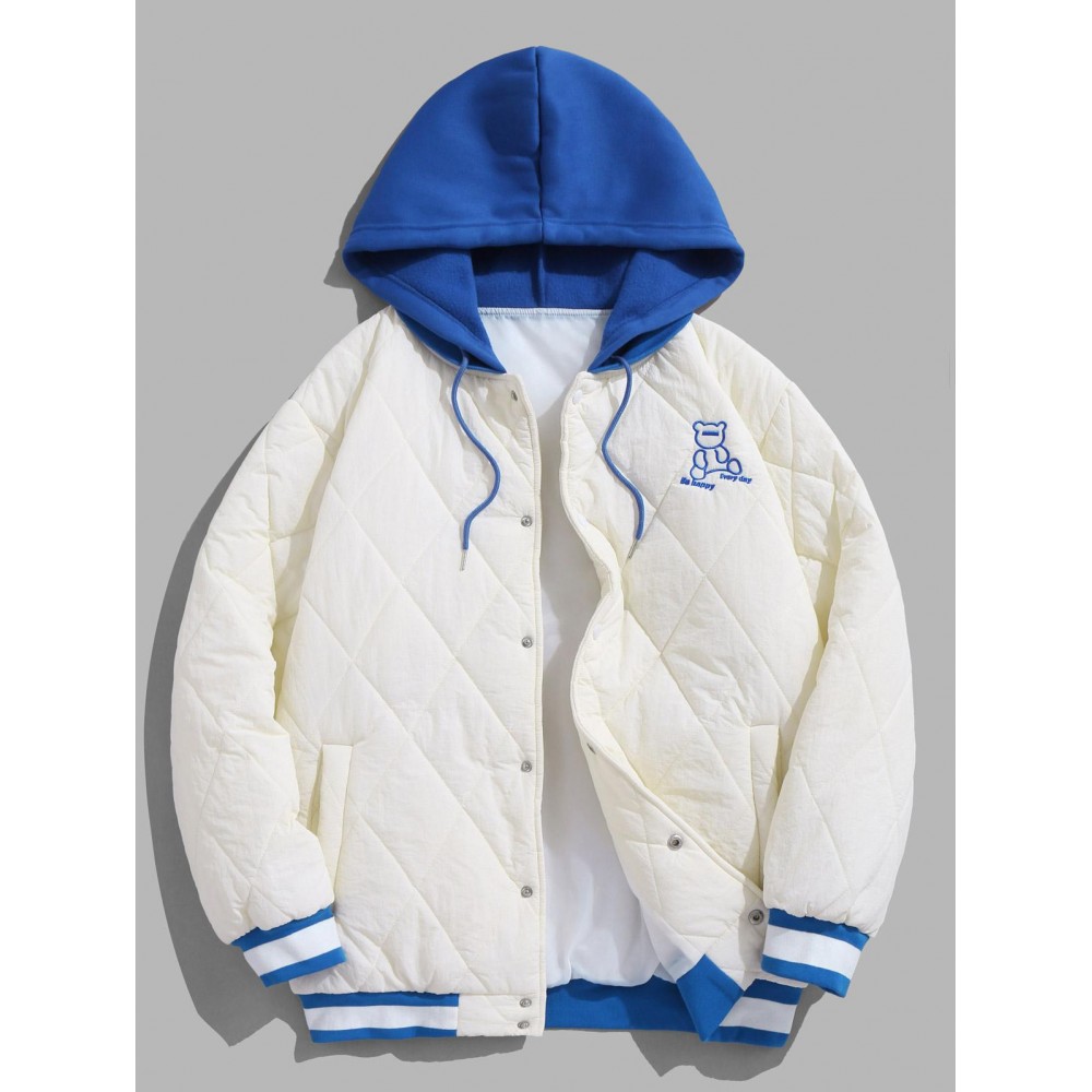Cartoon Bear Embroidered Colorblock Hooded Quilted Padded Jacket Cartoon Bear Embroidered Colorblock Hooded Quilted Padded Jacket