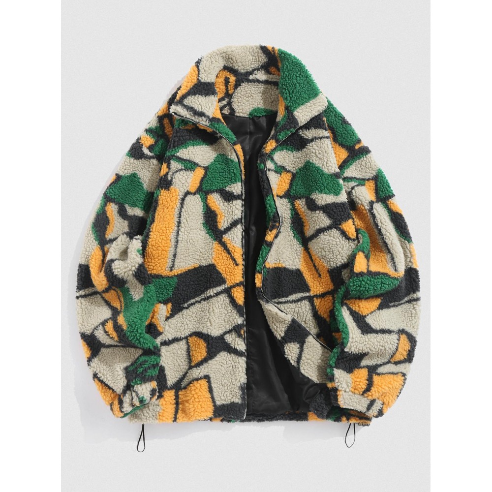 Zip Up Faux Sherpa Pocket Patternblock Fluffy Jacket Zip Up Faux Sherpa Pocket Patternblock Fluffy Jacket