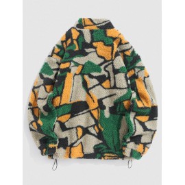 Zip Up Faux Sherpa Pocket Patternblock Fluffy Jacket Zip Up Faux Sherpa Pocket Patternblock Fluffy Jacket