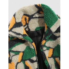 Zip Up Faux Sherpa Pocket Patternblock Fluffy Jacket Zip Up Faux Sherpa Pocket Patternblock Fluffy Jacket