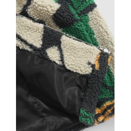 Zip Up Faux Sherpa Pocket Patternblock Fluffy Jacket Zip Up Faux Sherpa Pocket Patternblock Fluffy Jacket