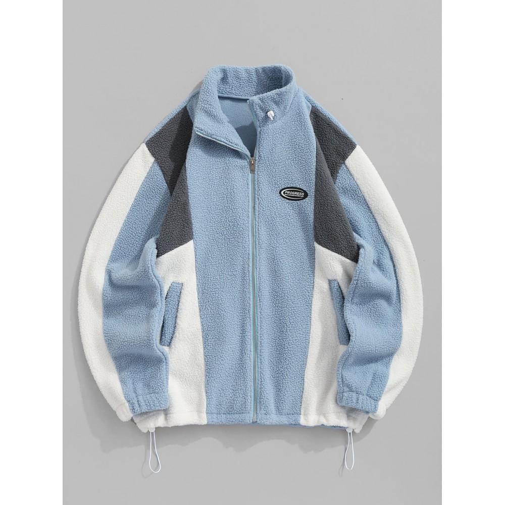 Men's Casual Colorblock Fleece Fluffy Zip Up Stand Collar Pocket Toggle Drawstring Applique Design Jacket Men's Casual Colorblock Fleece Fluffy Zip Up Stand Collar Pocket Toggle Drawstring Applique Design Jacket