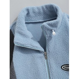 Men's Casual Colorblock Fleece Fluffy Zip Up Stand Collar Pocket Toggle Drawstring Applique Design Jacket Men's Casual Colorblock Fleece Fluffy Zip Up Stand Collar Pocket Toggle Drawstring Applique Design Jacket