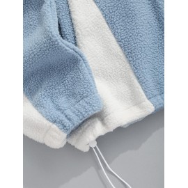 Men's Casual Colorblock Fleece Fluffy Zip Up Stand Collar Pocket Toggle Drawstring Applique Design Jacket Men's Casual Colorblock Fleece Fluffy Zip Up Stand Collar Pocket Toggle Drawstring Applique Design Jacket