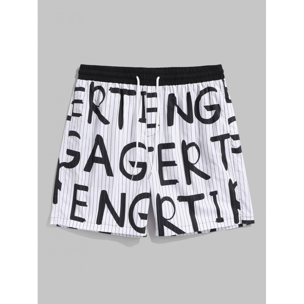 Vertical Striped Letter All Over Print Drawstring Cotton Shorts Vertical Striped Letter All Over Print Drawstring Cotton Shorts
