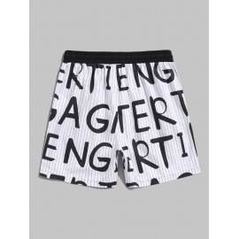 Vertical Striped Letter All Over Print Drawstring Cotton Shorts Vertical Striped Letter All Over Print Drawstring Cotton Shorts