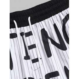 Vertical Striped Letter All Over Print Drawstring Cotton Shorts Vertical Striped Letter All Over Print Drawstring Cotton Shorts