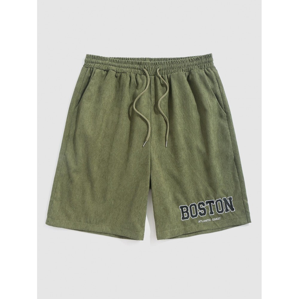 BOSTON Letter Embroidered Drawstring Corduroy Shorts BOSTON Letter Embroidered Drawstring Corduroy Shorts