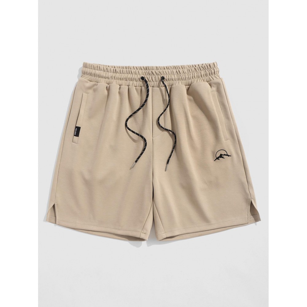 Side Slit Breathable Mountain Embroidery Drawstring Athletic Shorts Side Slit Breathable Mountain Embroidery Drawstring Athletic Shorts