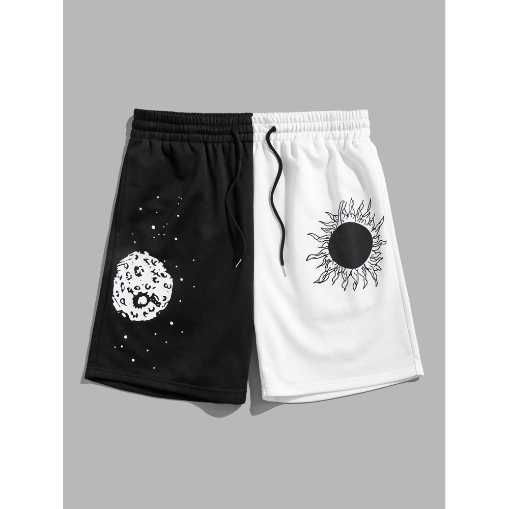Two Tone Colorblock Sun Pattern Drawstring Sweat Shorts Two Tone Colorblock Sun Pattern Drawstring Sweat Shorts