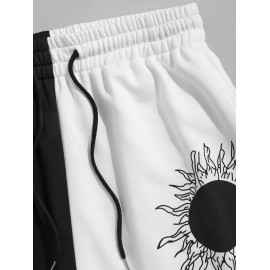 Two Tone Colorblock Sun Pattern Drawstring Sweat Shorts Two Tone Colorblock Sun Pattern Drawstring Sweat Shorts