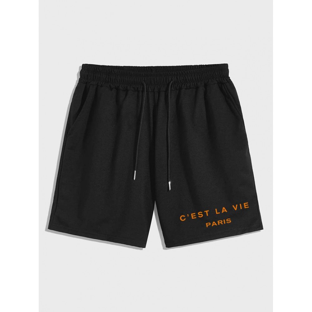 Letter C'EST LA VIE PARIS Graphic Printed Drawstring Shorts Letter C'EST LA VIE PARIS Graphic Printed Drawstring Shorts
