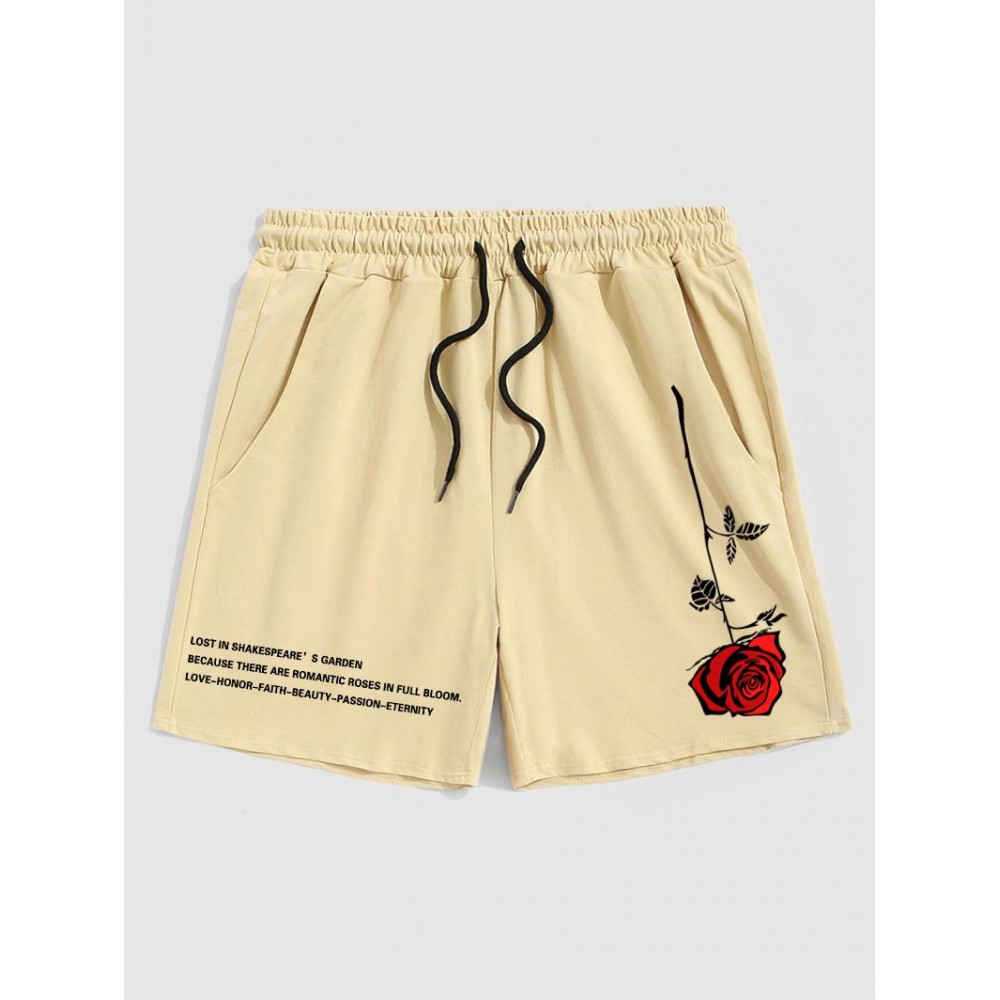 Men's Rose Slogan Printed Casual Drawstring Shorts Men's Rose Slogan Printed Casual Drawstring Shorts