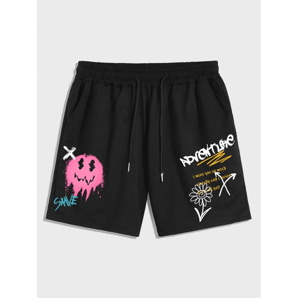 Men's Funny Streetwear Smile Face Letter Flowers Graphic Pattern Drawstring Shorts Men's Funny Streetwear Smile Face Letter Flowers Graphic Pattern Drawstring Shorts