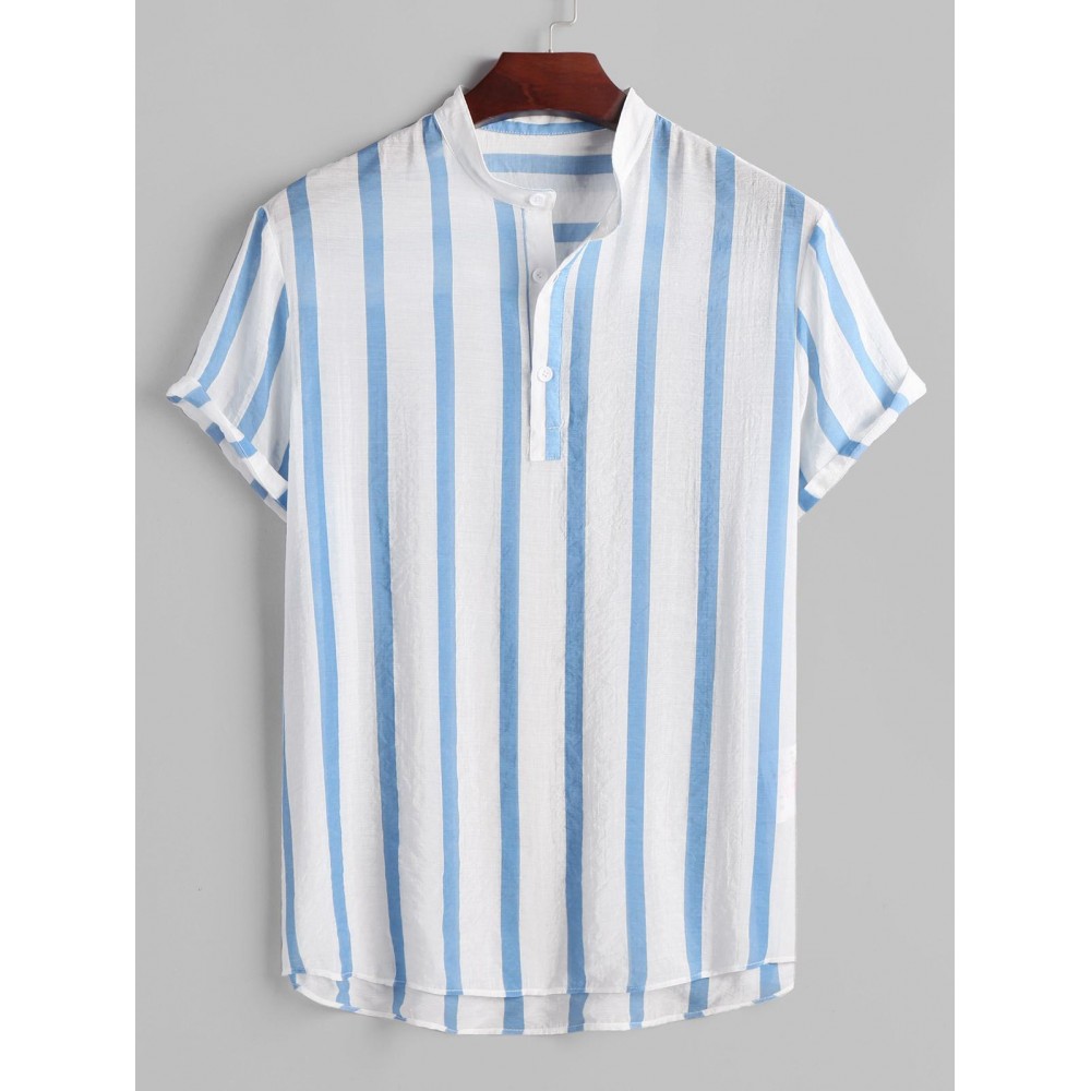 Vertical Striped Button Placket Stand Collar Popover Shirt Vertical Striped Button Placket Stand Collar Popover Shirt