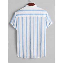 Vertical Striped Button Placket Stand Collar Popover Shirt Vertical Striped Button Placket Stand Collar Popover Shirt