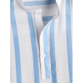 Vertical Striped Button Placket Stand Collar Popover Shirt Vertical Striped Button Placket Stand Collar Popover Shirt
