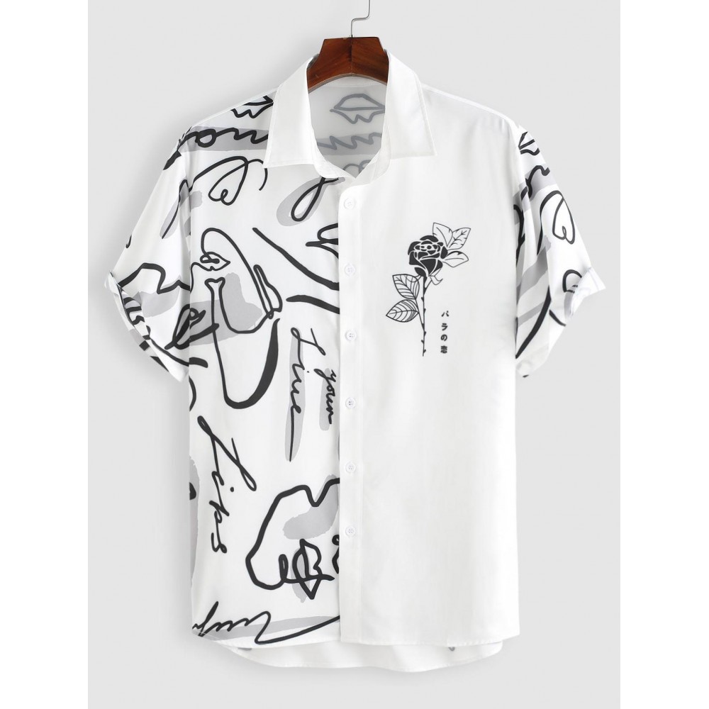 Men's Casual Graffiti Floral Rose Printed Two Tone Colorblock Button Front Short Sleeve Summer Graphic Shirt Men's Casual Graffiti Floral Rose Printed Two Tone Colorblock Button Front Short Sleeve Summer Graphic Shirt