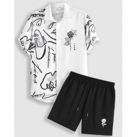Men's Casual Graffiti Floral Rose Printed Two Tone Colorblock Button Front Short Sleeve Summer Graphic Shirt Men's Casual Graffiti Floral Rose Printed Two Tone Colorblock Button Front Short Sleeve Summer Graphic Shirt