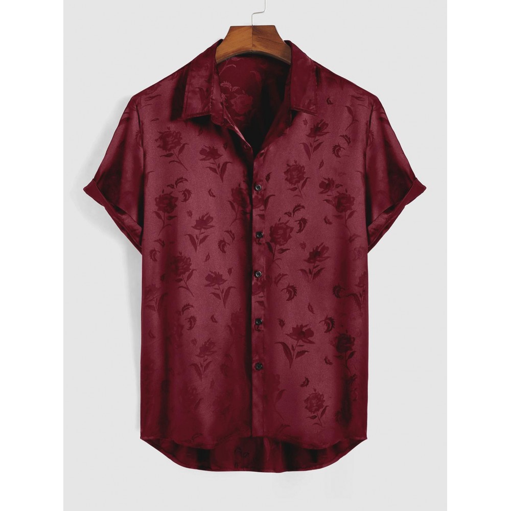 Men's Jacquard Silky Satin Floral Print Rose Pattern Button Front Short Sleeve Summer Shirt Men's Jacquard Silky Satin Floral Print Rose Pattern Button Front Short Sleeve Summer Shirt