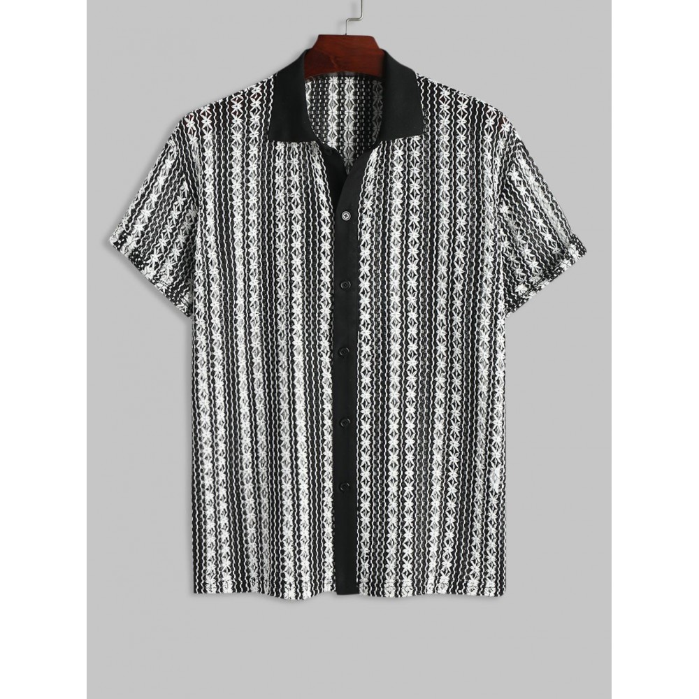 Knitted Openwork Design Striped Short Sleeves Shirt Knitted Openwork Design Striped Short Sleeves Shirt