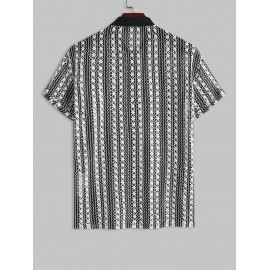 Knitted Openwork Design Striped Short Sleeves Shirt Knitted Openwork Design Striped Short Sleeves Shirt