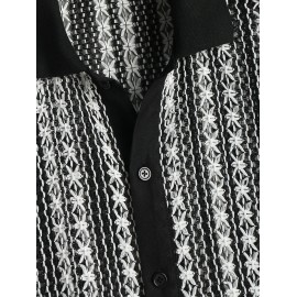 Knitted Openwork Design Striped Short Sleeves Shirt Knitted Openwork Design Striped Short Sleeves Shirt