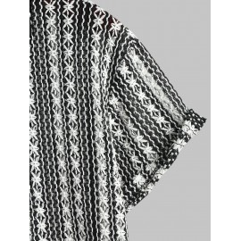 Knitted Openwork Design Striped Short Sleeves Shirt Knitted Openwork Design Striped Short Sleeves Shirt