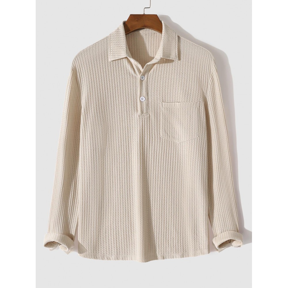 Men's Casual Minimalist Solid Color Textured Front Pocket Polo Collar Long Sleeves T-shirt Men's Casual Minimalist Solid Color Textured Front Pocket Polo Collar Long Sleeves T-shirt