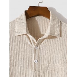 Men's Casual Minimalist Solid Color Textured Front Pocket Polo Collar Long Sleeves T-shirt Men's Casual Minimalist Solid Color Textured Front Pocket Polo Collar Long Sleeves T-shirt