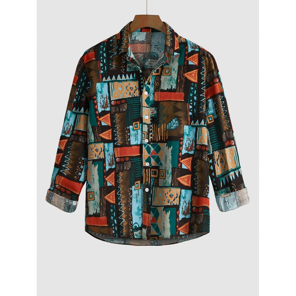 Men's Vintage Ethnic Geometric Print Colorblock Long Sleeves Turn Down Collar Vacation Shirt Men's Vintage Ethnic Geometric Print Colorblock Long Sleeves Turn Down Collar Vacation Shirt