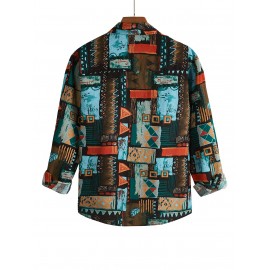 Men's Vintage Ethnic Geometric Print Colorblock Long Sleeves Turn Down Collar Vacation Shirt Men's Vintage Ethnic Geometric Print Colorblock Long Sleeves Turn Down Collar Vacation Shirt