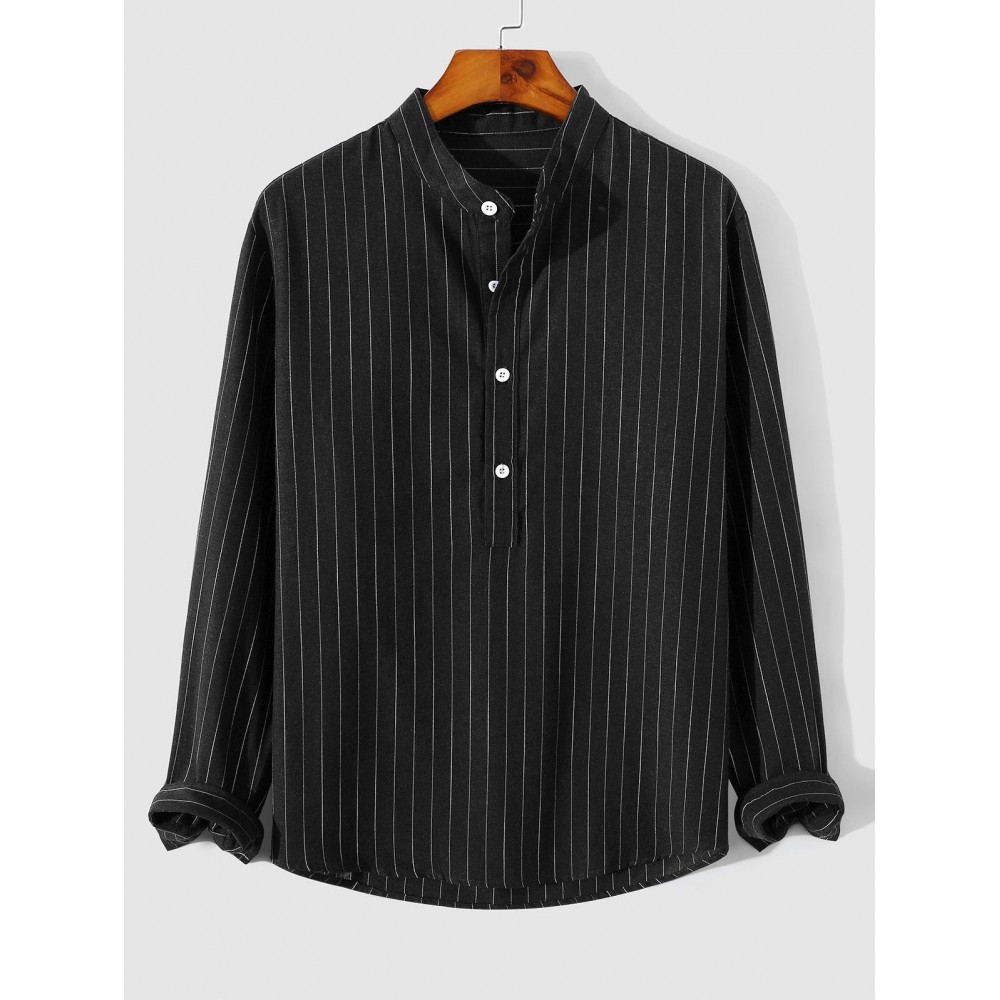 Men's Casual Striped Pattern Cotton and Linen Textured Half Button Design Stand Collar Pullover Long Sleeves Shirt Men's Casual Striped Pattern Cotton and Linen Textured Half Button Design Stand Collar Pullover Long Sleeves Shirt