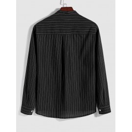 Men's Casual Striped Pattern Cotton and Linen Textured Half Button Design Stand Collar Pullover Long Sleeves Shirt Men's Casual Striped Pattern Cotton and Linen Textured Half Button Design Stand Collar Pullover Long Sleeves Shirt