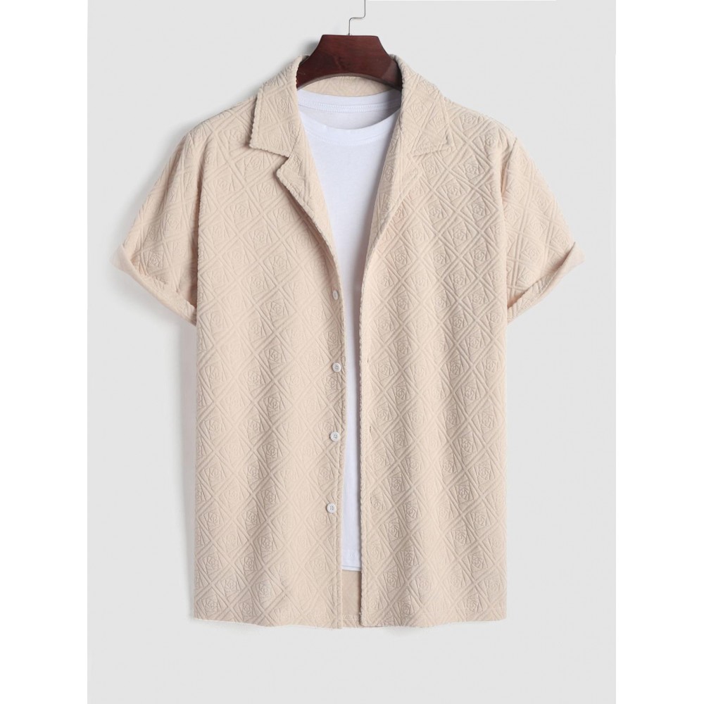 Men's Rose Jacquard Terry Cloth Textured Button Front Short Sleeves Shirt Men's Rose Jacquard Terry Cloth Textured Button Front Short Sleeves Shirt