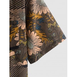 Sunflowers Pattern Cotton and Linen Textured Short Sleeves Shirt Sunflowers Pattern Cotton and Linen Textured Short Sleeves Shirt