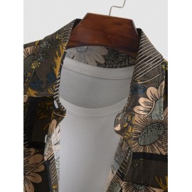 Sunflowers Pattern Cotton and Linen Textured Short Sleeves Shirt Sunflowers Pattern Cotton and Linen Textured Short Sleeves Shirt