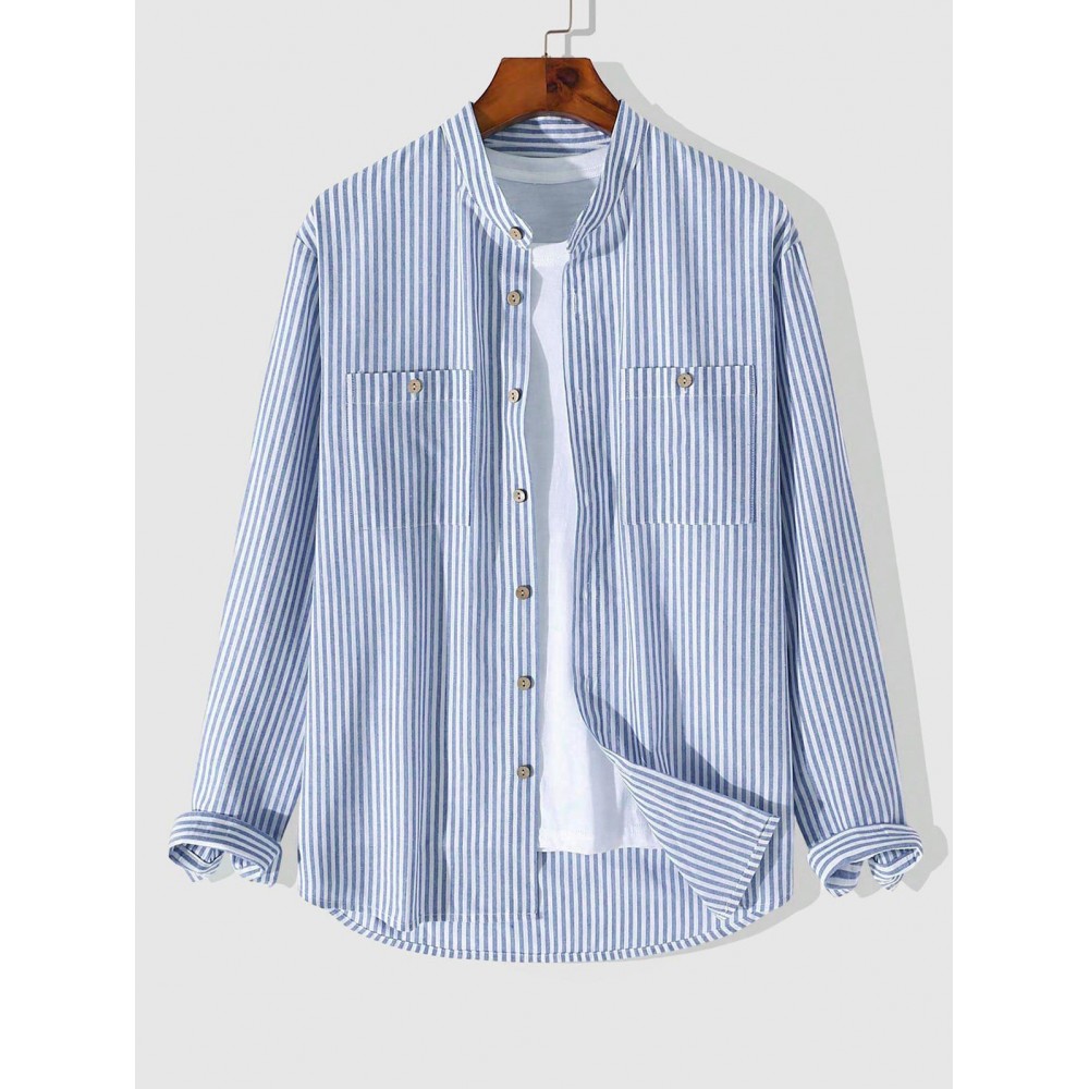 Men's Casual Vertical Striped Cotton and Linen Textured Stand Collar Pocket Patch Design Button Front Long Sleeves Shirt Men's Casual Vertical Striped Cotton and Linen Textured Stand Collar Pocket Patch Design Button Front Long Sleeves Shirt