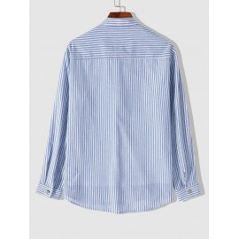 Men's Casual Vertical Striped Cotton and Linen Textured Stand Collar Pocket Patch Design Button Front Long Sleeves Shirt Men's Casual Vertical Striped Cotton and Linen Textured Stand Collar Pocket Patch Design Button Front Long Sleeves Shirt