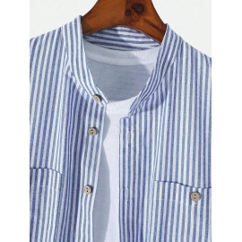 Men's Casual Vertical Striped Cotton and Linen Textured Stand Collar Pocket Patch Design Button Front Long Sleeves Shirt Men's Casual Vertical Striped Cotton and Linen Textured Stand Collar Pocket Patch Design Button Front Long Sleeves Shirt