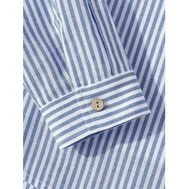 Men's Casual Vertical Striped Cotton and Linen Textured Stand Collar Pocket Patch Design Button Front Long Sleeves Shirt Men's Casual Vertical Striped Cotton and Linen Textured Stand Collar Pocket Patch Design Button Front Long Sleeves Shirt