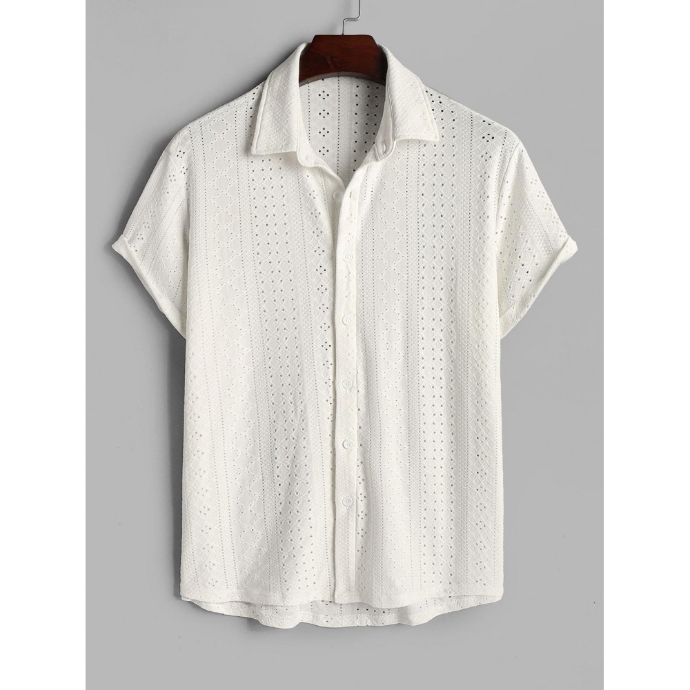 Men's See-through Openwork Button Front Short Sleeves Shirt Men's See-through Openwork Button Front Short Sleeves Shirt