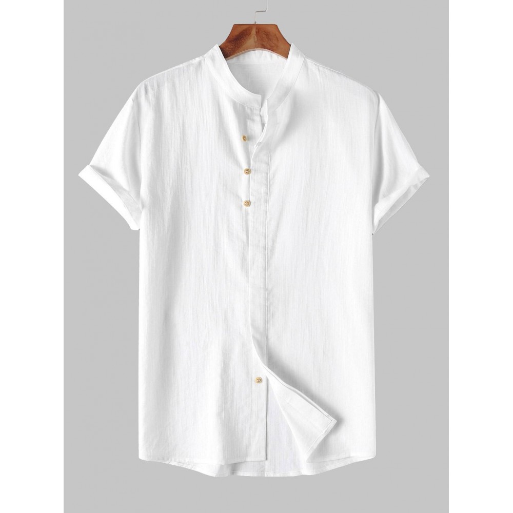 Men's Stand Collar Solid Color Buttons Short Sleeves High Low Casual Shirt Men's Stand Collar Solid Color Buttons Short Sleeves High Low Casual Shirt