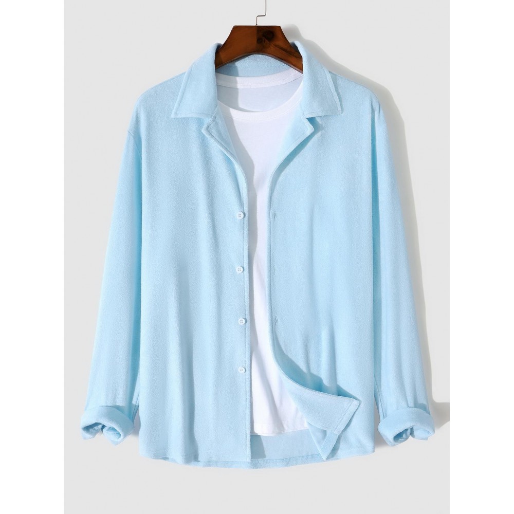 Men's Daily Solid Color Terry Cloth Lapel Collar Button Up Long Sleeve Shirt Men's Daily Solid Color Terry Cloth Lapel Collar Button Up Long Sleeve Shirt